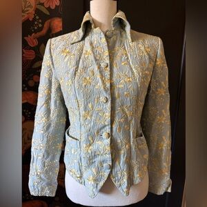 Favourbrook Vintage Women’s Embroidered Floral Jacket Blue Cream England UK